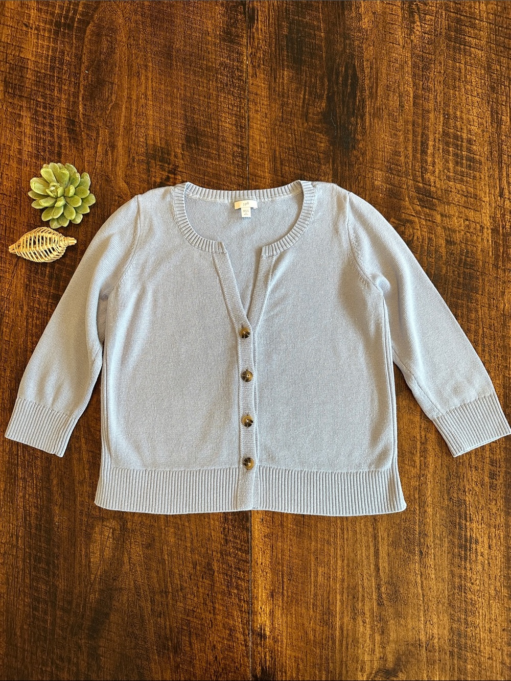 J. Jill | Dusty Blue Button Front Cardigan Knit Sweater, 3/4 Sleeves, Size SP